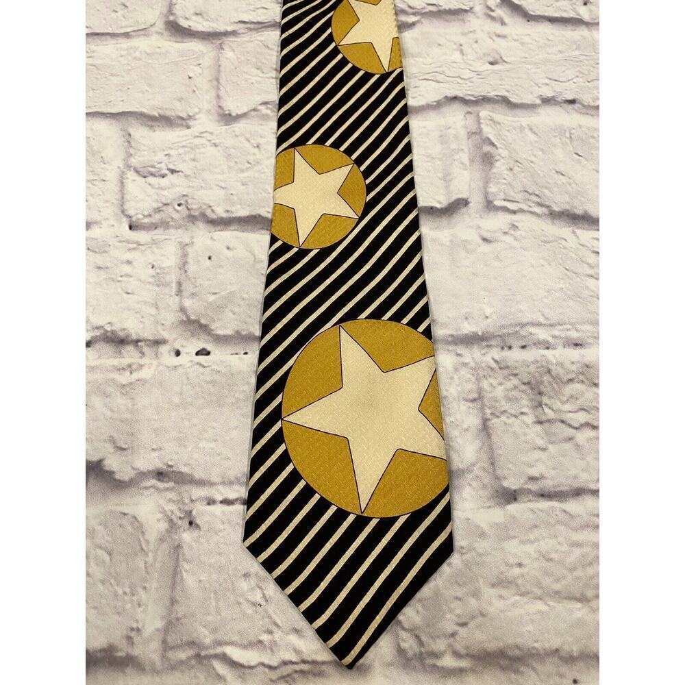 Sharper Image Men’s Formal Retro Silk Neck Tie Stars Black Yellow White Stripes